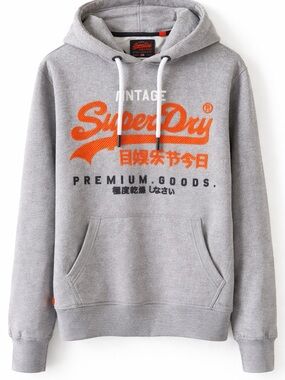 Superdry Vintage Hoodie – Gray / Orange Logo – Size L